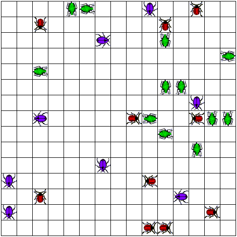 A rectangular grid-based game world divided into cells, populated by colored bugs facing different compass directions. Some cells contain bugs while others are empty. The grid has visible borders representing walls, and bugs are distributed across various positions within the playing field.